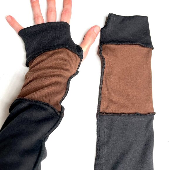 Long Striped Gloves Brown Hand Warmers Black Armwarmers Patchwork Sleeves Warm - Picture 6 of 7